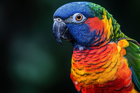 Colorful parrot with a red beak and blue and green feathers. The bird is looking directly at the camera