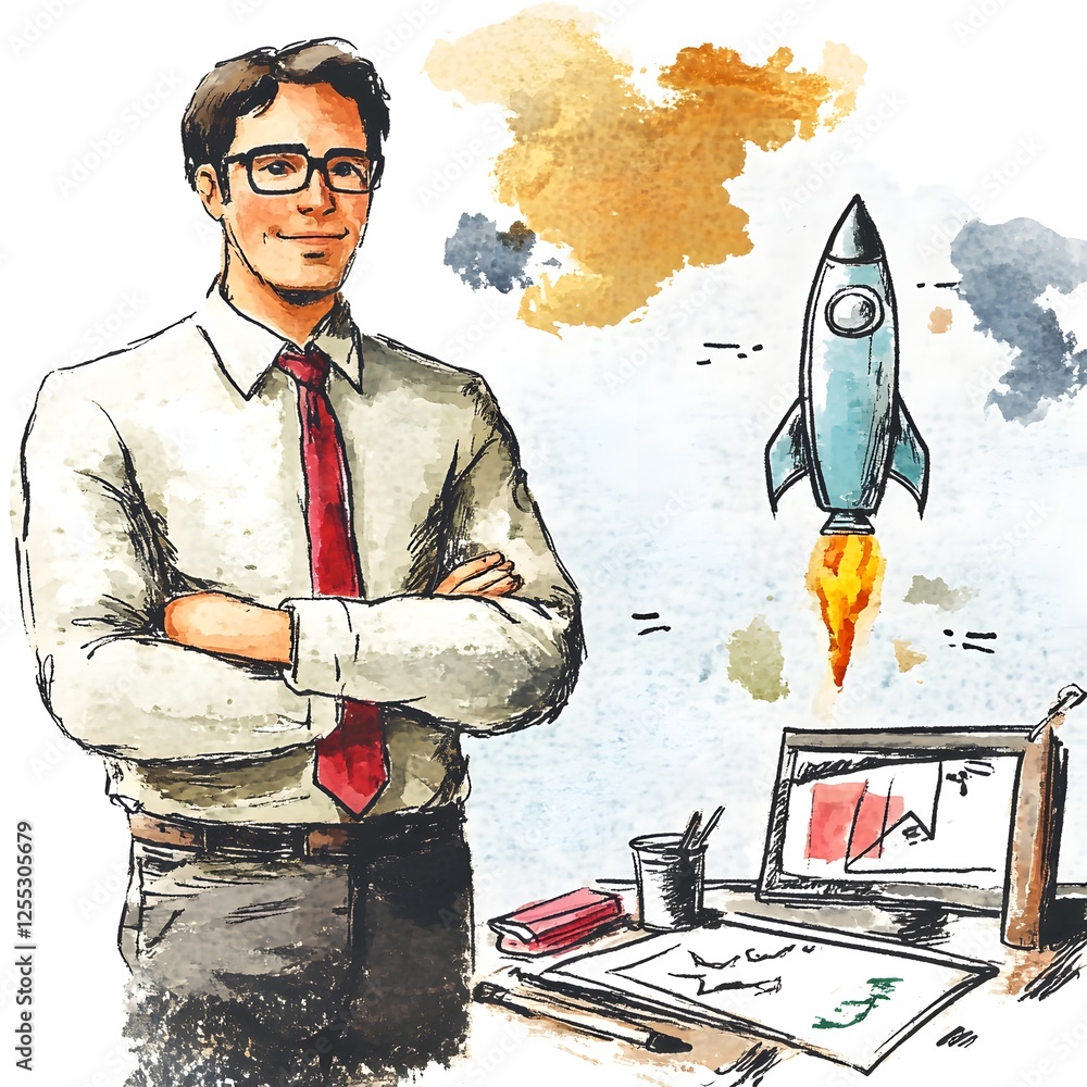 Poster ambitious entrepreneur in a start up environment with rocket launch concept young confident professi