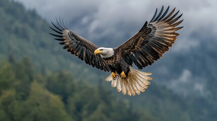 Majestic Bald Eagle Soaring Through Mountainous Landscape