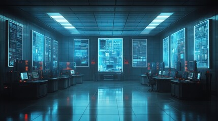 Futuristic control room, data analysis, city view, night