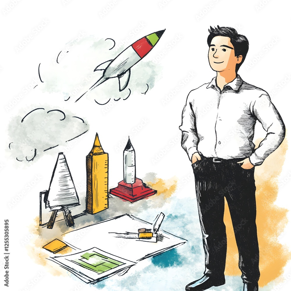 Poster ambitious entrepreneur standing confidently in a dynamic startup office environment surrounded by cr
