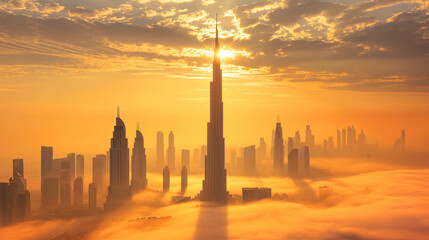 Obraz premium Golden sunlight floods the streets of a towering city skyline at sunset, casting warm hues