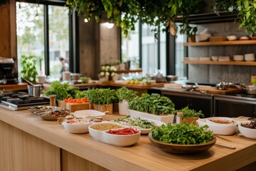 Fresh ingredients displayed on a large wooden counter in a bright kitchen during daytime cooking session