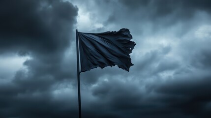 Dark Torn Flag Against Brooding Stormy Clouds in Dramatic Sky