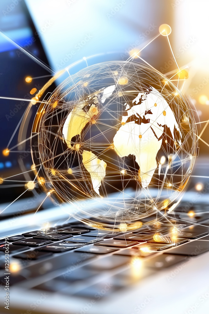 Aufkleber digital globe with interconnected networks over a laptop keyboard