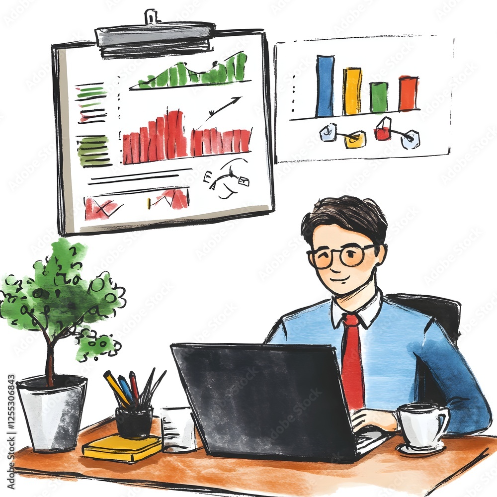 Poster business manager planning financial strategies and analyzing data on laptop computer at organized of