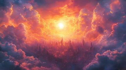 A vibrant sunset illuminates an ethereal cityscape amidst clouds.