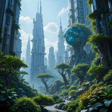A visionary city of the future where towering skyscrapers merge seamlessly with lush greenery, featuring a striking bio-dome structure, symbolizing a perfect blend of advanced technology
