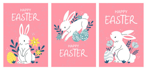 Set of Easter postcards posters with a white rabbit, flowers and Easter eggs and text Happy Easter. Vector illustration template.