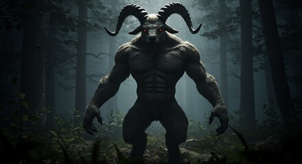 Fototapeta premium A hulking goat man stands menacingly within a dark forest