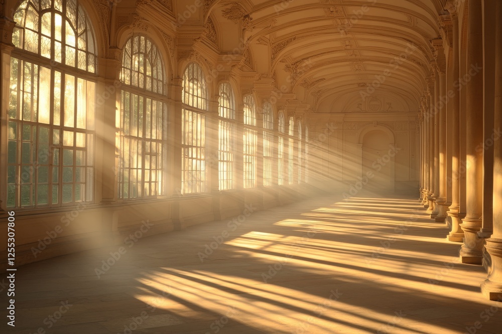 Poster sunlight illuminating an elegant corridor with large windows in a historic building during morning h
