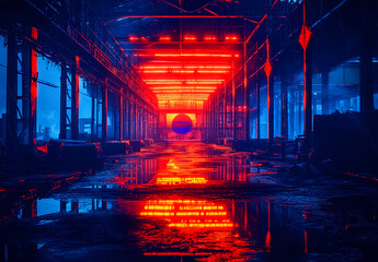 A futuristic factory building with glowing neon lines and reflective surfaces, surrounded by an industrial landscape. 