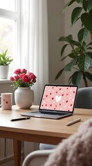 A cozy workspace features a laptop displaying a hearts background, a vase of pink roses, a coffee cup, and a leafy plant, creating a warm, inviting atmosphere