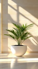Elegant indoor parlor palm in white pot basking in sunlight creating a calm and bright mood