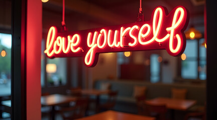 A glowing neon sign reading "love yourself" hangs in a cozy cafe, creating a warm and inviting atmosphere with blurred tables in the background