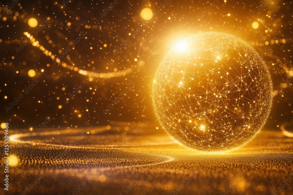 Poster golden sphere with connection lines and glowing particles