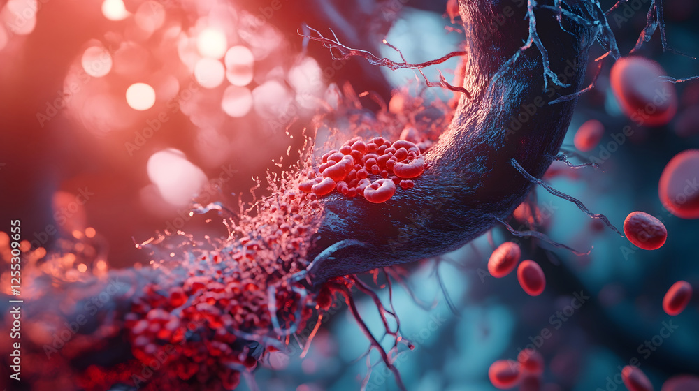 Poster closeup view of red blood cells floating in blood plasma under a microscopic the intricate structure