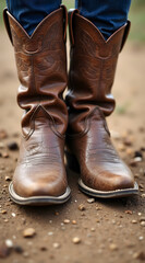 Brown cowboy boots with intricate details resting on a dusty ground, showcasing a rustic and outdoorsy vibe, perfect for country themes and fashion contexts
