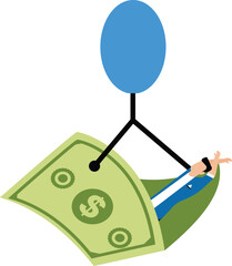 A businessman relaxing flying with a money balloon. Illustration for financial freedom, abundant wealth and riches