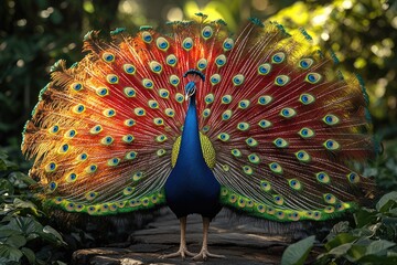 Obraz premium Majestic Peacock Displays Vibrant Tail Feathers