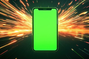 Futuristic Smartphone with Green Screen and Dynamic Light Burst Effect