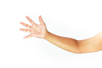 Isolated outstretched hand with visible skin texture on white background