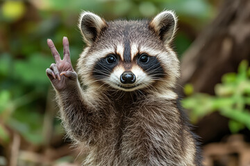 Raccoon is holding up its paw and making a peace sign. The raccoon is smiling and he is happy