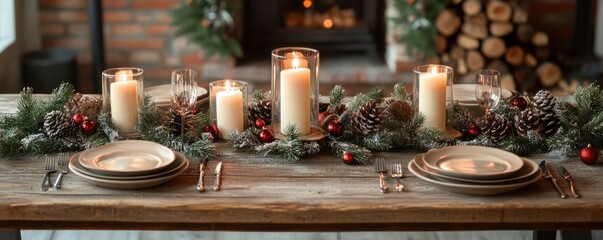 Festive holiday table setting with candles, pinecones, and evergreen centerpiece