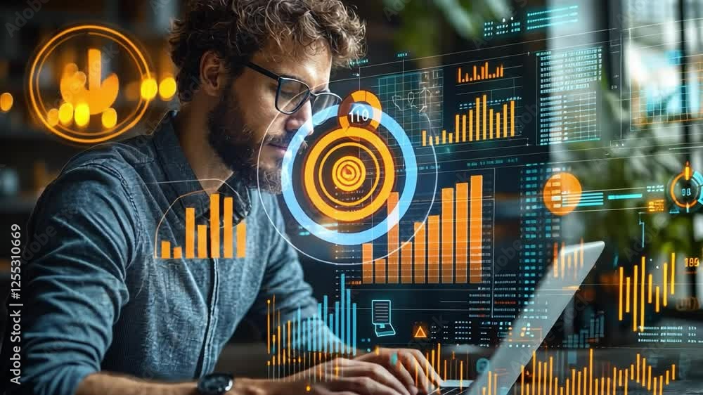 Aufkleber tech savvy: a determined man intently analyzes intricate data visualizations displayed on a laptop a