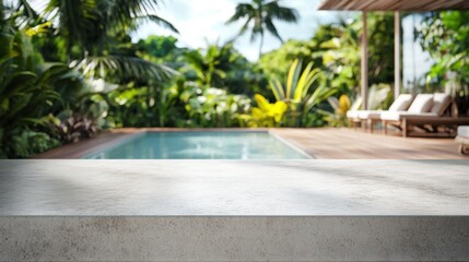 Fototapeta premium Tropical luxury: modern poolside oasis with lush greenery and palm trees