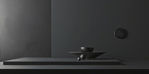 A minimalistic composition with a dark charcoal grey backdrop, Crisp geometric shapes and strong contrasts, Elegant minimalist style