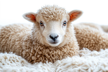Baby sheep is laying on a white blanket. The sheep has a fluffy coat and is looking at the camera