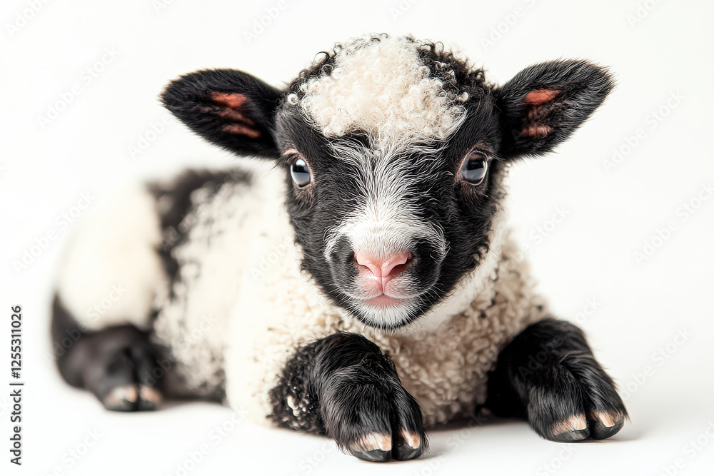Poster black lamb is laying on its back with its head up and looking at the camera. the lamb appears to be 
