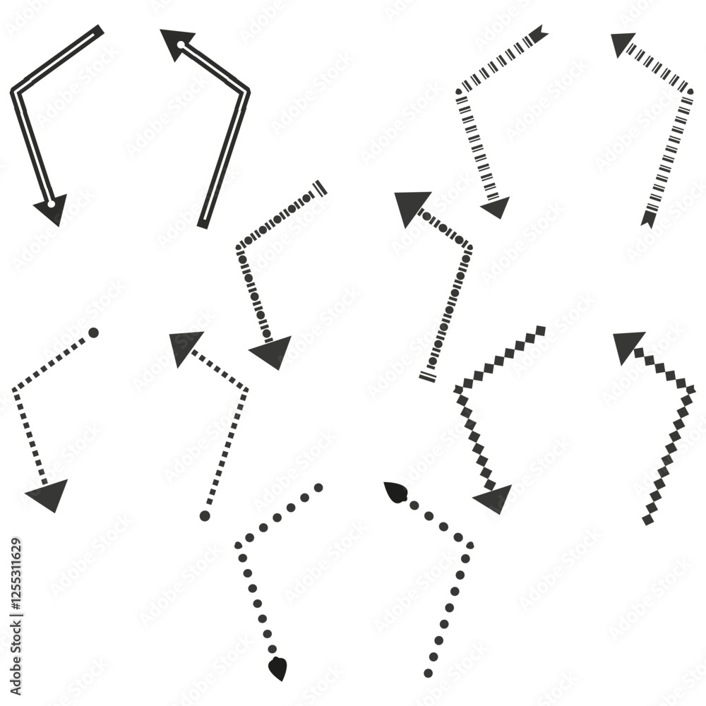 Poster modular arrow set. dotted pointer lines. geometric vector directions. curved guide shapes.
