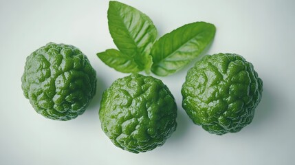 Obraz premium Fresh Bergamot Fruits with Green Leaves on White Background Still Life Photography