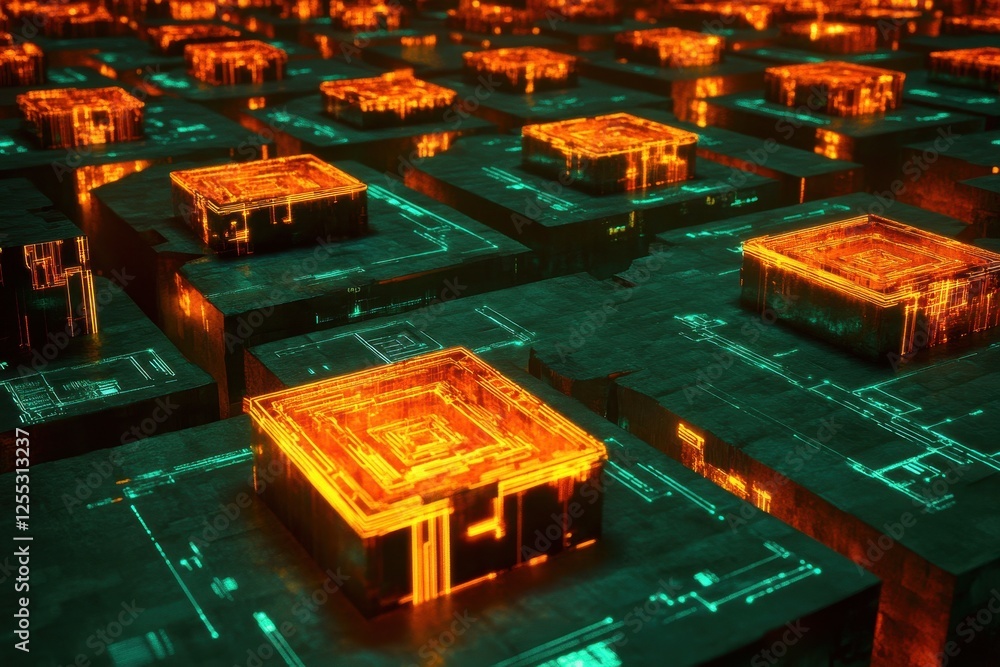 Poster futuristic digital circuit with glowing elements and 3d blocks