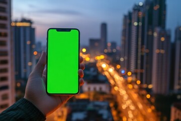 Hand Holding Smartphone with Green Screen at City Skyline Sunset