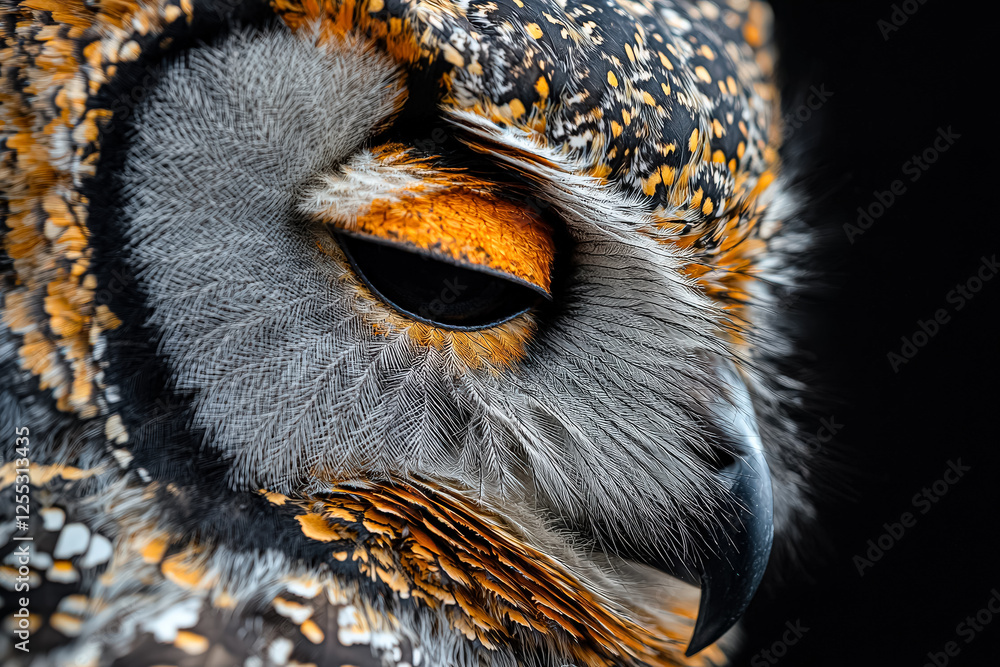 Poster close up of an owl's face with a sleepy expression. the owl's eyes are closed and its beak is visibl