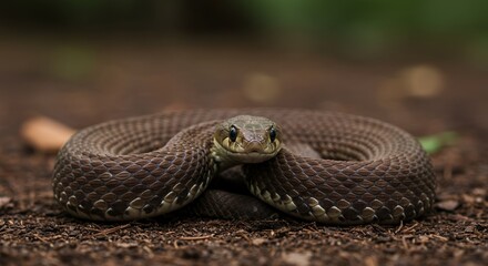 Obraz premium Coiled snake rests peacefully on a bed of dirt