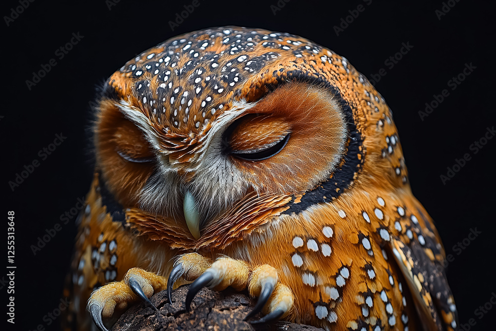 Poster close up of an owl's face with a sleepy expression. the owl's eyes are closed and its beak is visibl