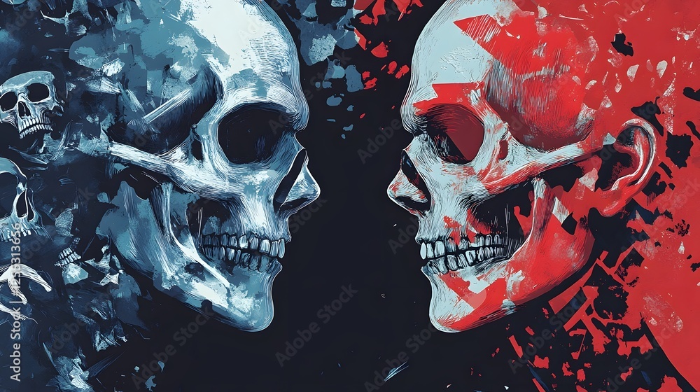 Poster confrontation between two ominous skeletal figures against a dark and unsettling abstract background