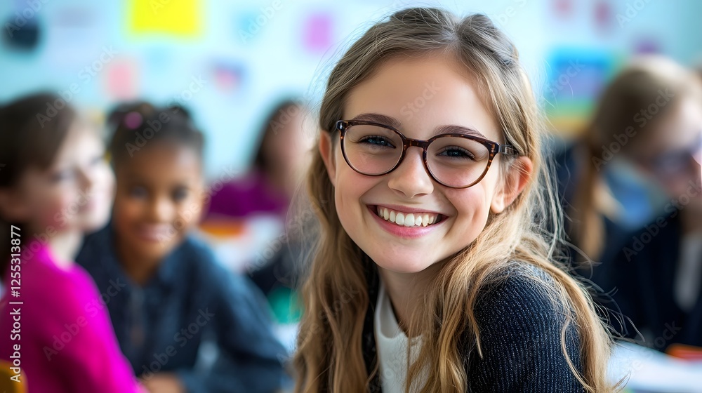 Aufkleber delighted young female teacher with glasses standing in front of diverse group of students in classr