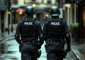 Two police officers in tactical gear walking through a rainy urban street