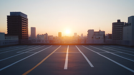 Fototapeta premium A wide-angle shot of an empty rooftop parking lot in Japan, overlooking a cityscape of modern skyscrapers and traditional pagoda rooftops. The white and yellow parking lines contrast against the dark