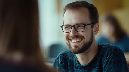 Obraz premium Friendly and Charismatic Caucasian Man Smiling Happily in Casual Plaid Shirt While Working at his Desk in an Office Environment