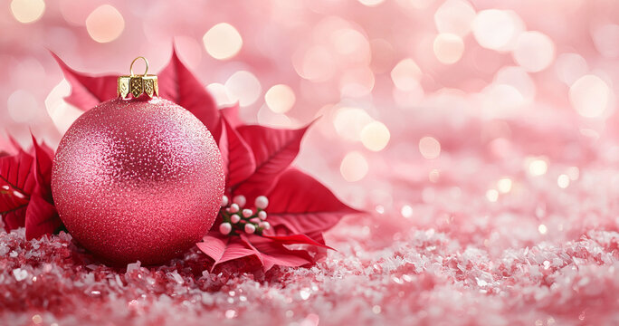 A close-up of a pink Christmas card with a red ornament and poinsettia on a soft pastel background. The card?? banner allows for personalization, perfect for New Year?? greetings or festive messages.