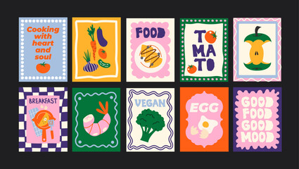 Abstract food posters for the kitchen. Culinary compositions in cartoon trendy style of Matisse. Decor for kitchens, cafes and restaurants. Minimalist banners for wall decor, prints, wallpaper.