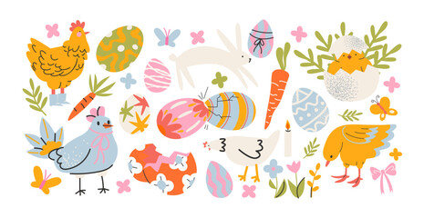 Set Easter cartoon stickers in 90s retro style. Spring elements, rabbits, eggs, Christian holiday, Easter baskets, flowers. Vector groovy doodle shape