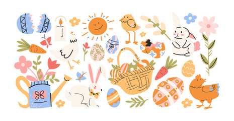 Set Easter cartoon stickers in 90s retro style. Spring elements, rabbits, eggs, Christian holiday, Easter baskets, flowers. Vector groovy doodle shape