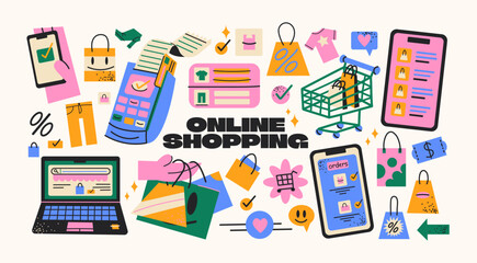 Online shopping stickers set. Featuring cash register, computer, shopping cart, checkout interface, and e-commerce elements. Vibrant vector shapes for digital retail and online shopping concepts